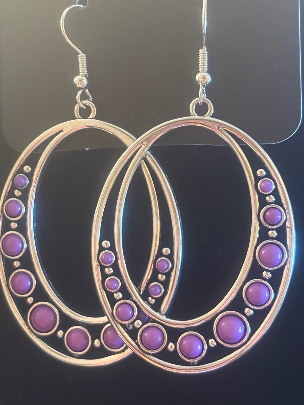 Silver Hoop Earrings with Purple Accent Stones - Women Jewelry